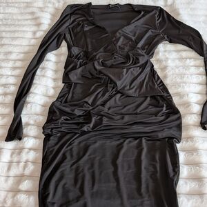 Marciano Black Long Sleeve Ruched Wrap-Style Dress